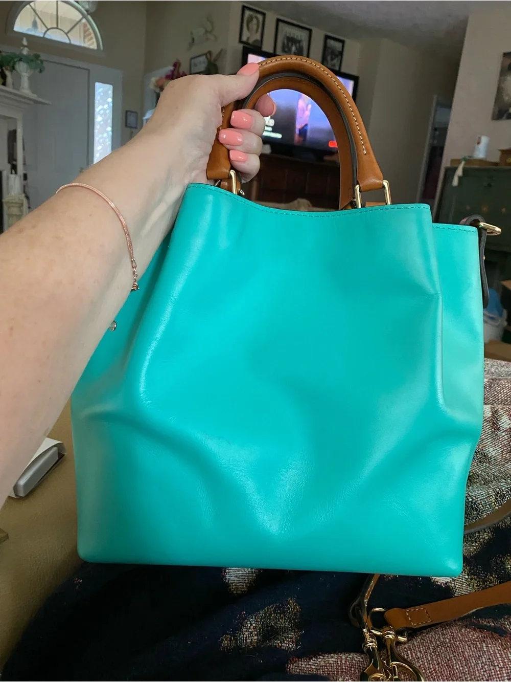 Dooney & Bourke City Barlow Teal Satchel with Tan Handles